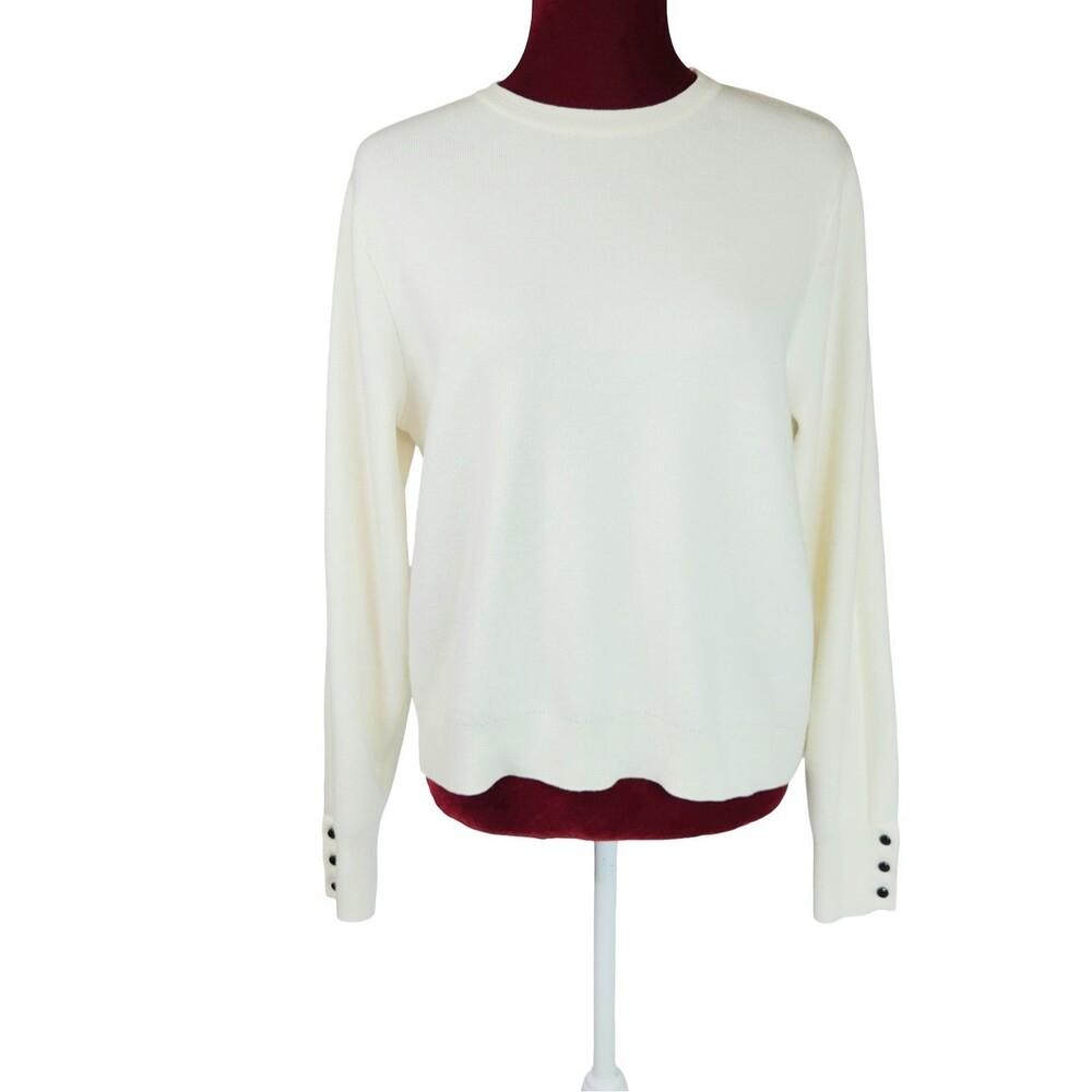 Mango Ivory Fine-Knit Sweater Button Cuff Detail Women's Large Cozy Minimalist
